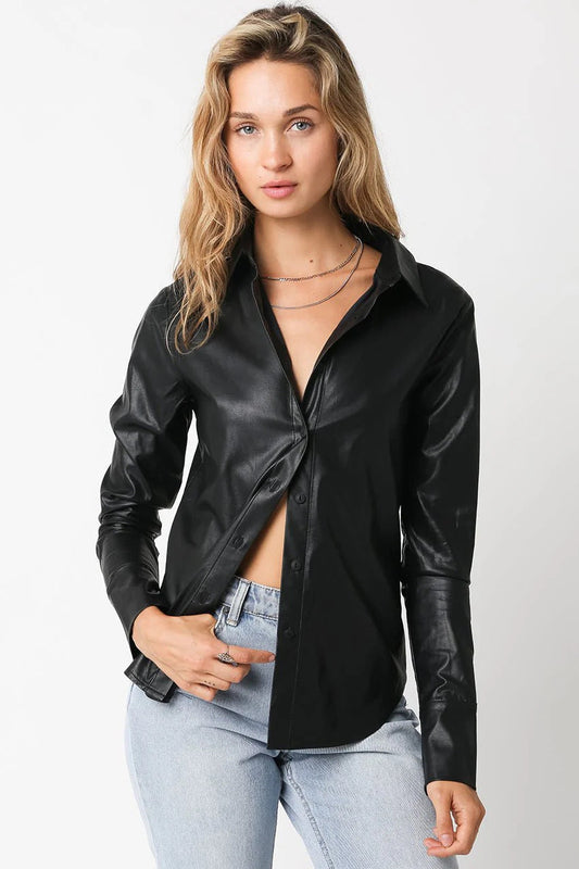 Ruby & Jenna Women's Vegan Leather Button Down Top