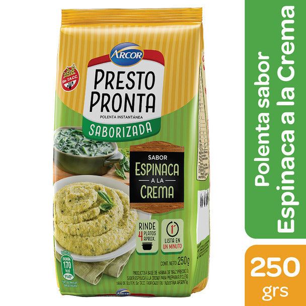 Pampa Direct Presto Pronta Polenta Instantánea Saborizada Espinaca Creamed Spinach Flavored Corn Meal Ready In One Minute, 250 g / 8.81 oz