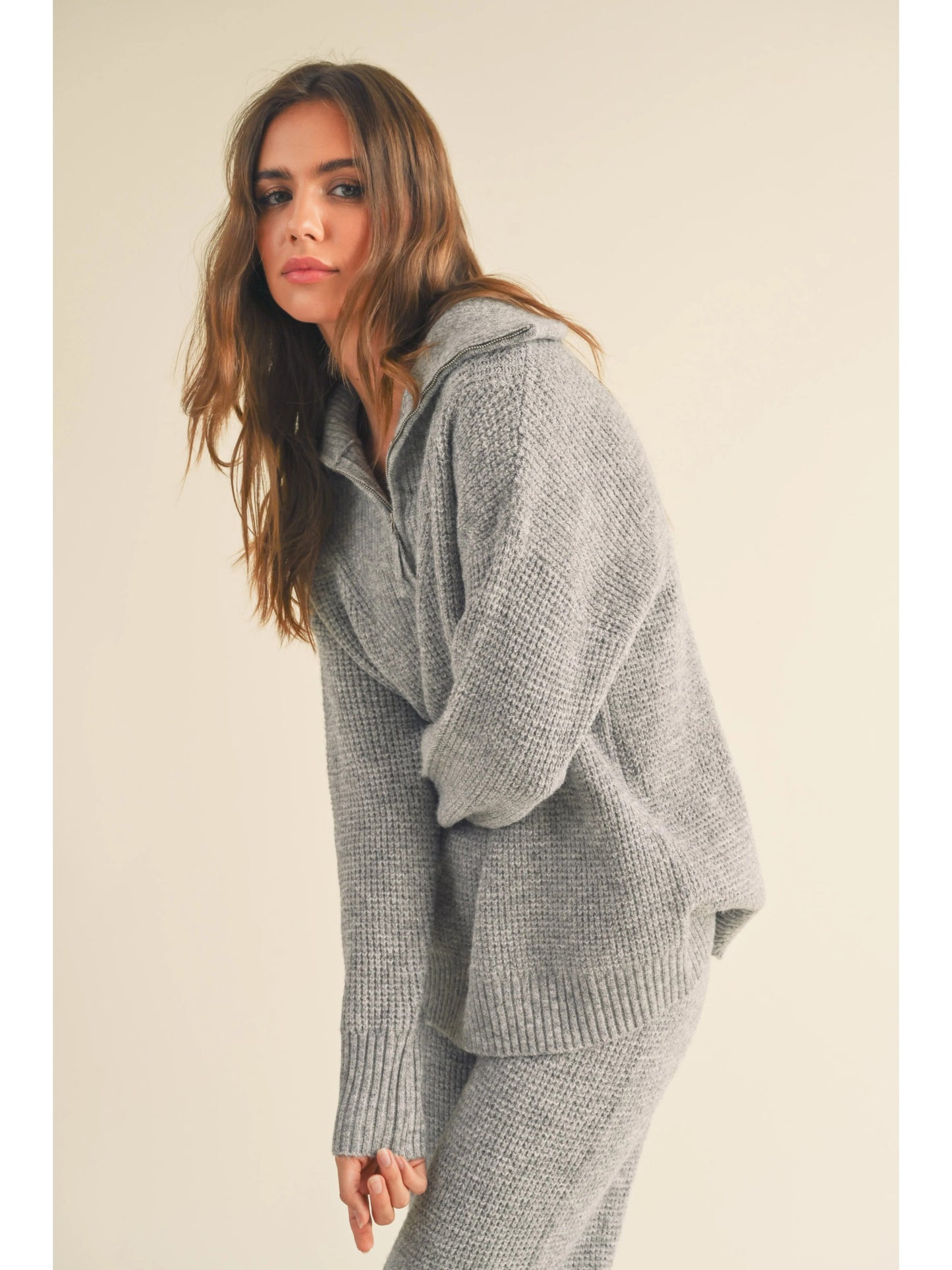 Ruby & Jenna Women's Waffle Pattern Half Zip Sweater