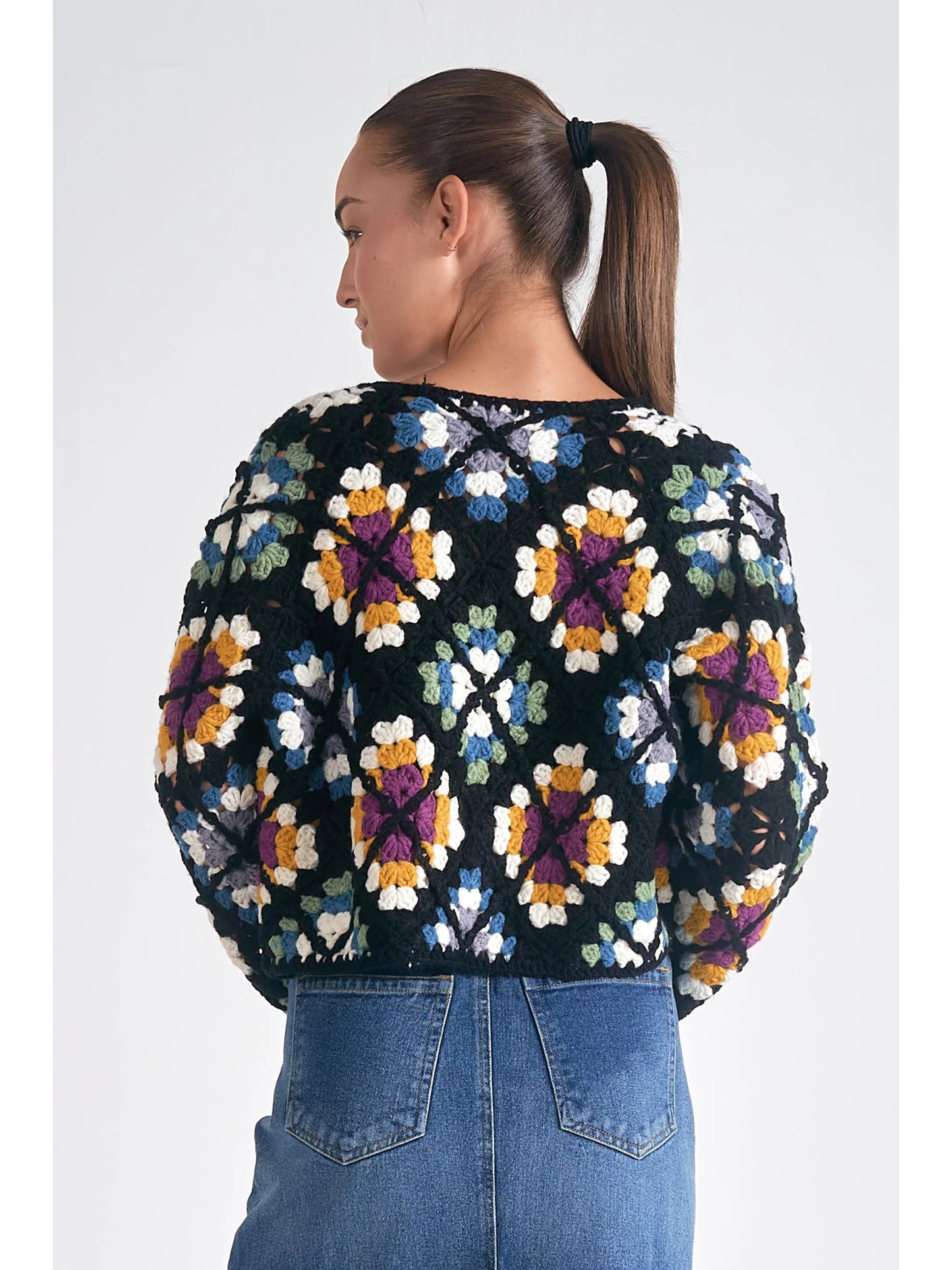 Ruby & Jenna Women's Crop Crochet Multi Sweater