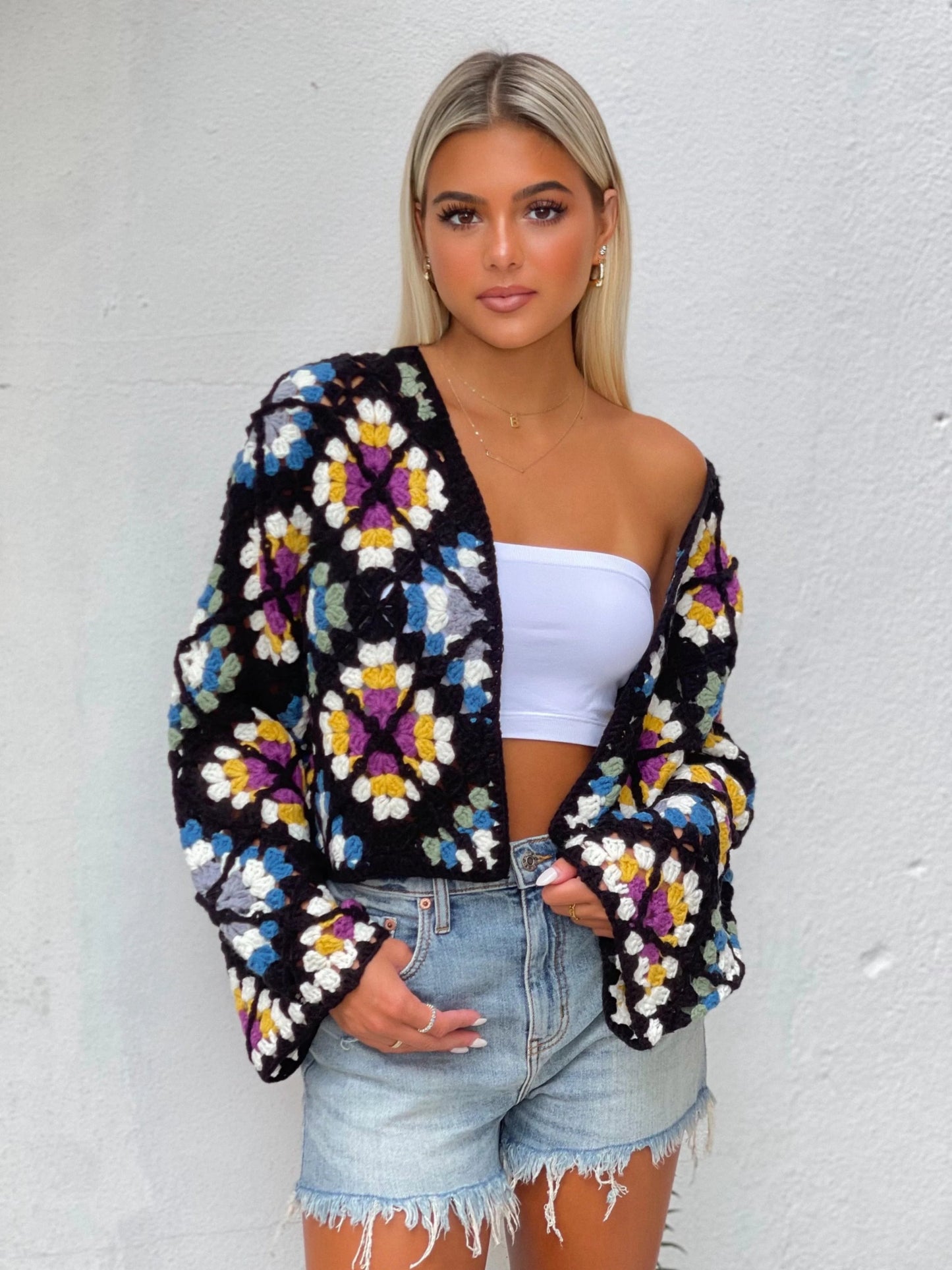 Ruby & Jenna Women's Crop Crochet Multi Sweater