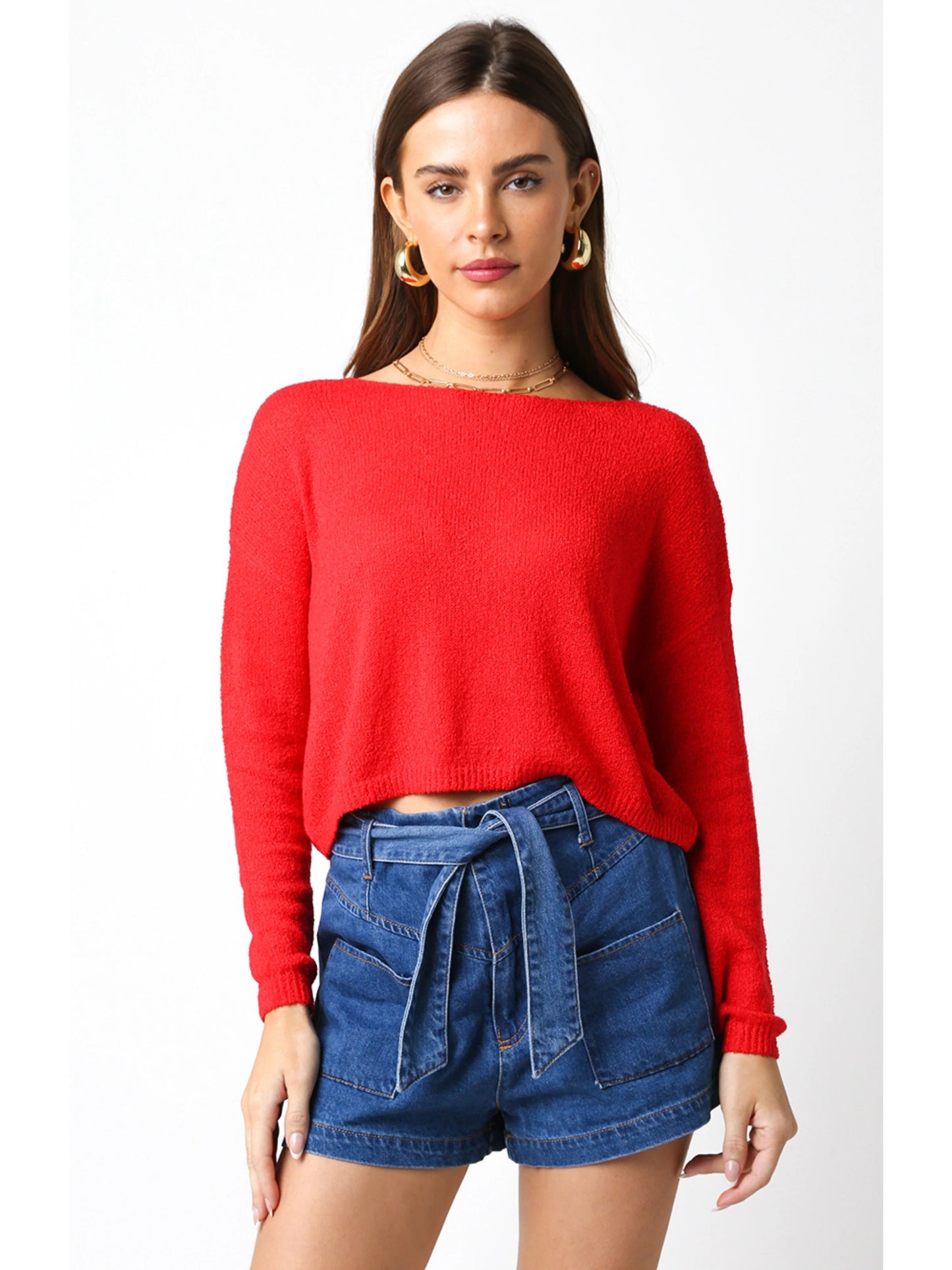 Ruby & Jenna Women's Thin Cropped Box Knit Sweater