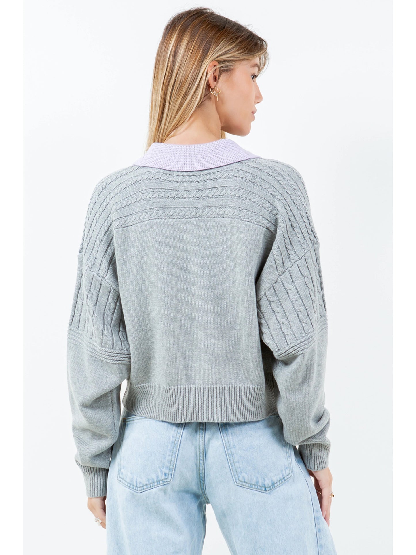 Ruby & Jenna Women's Contrast Collar Cable Pointelle Sweater