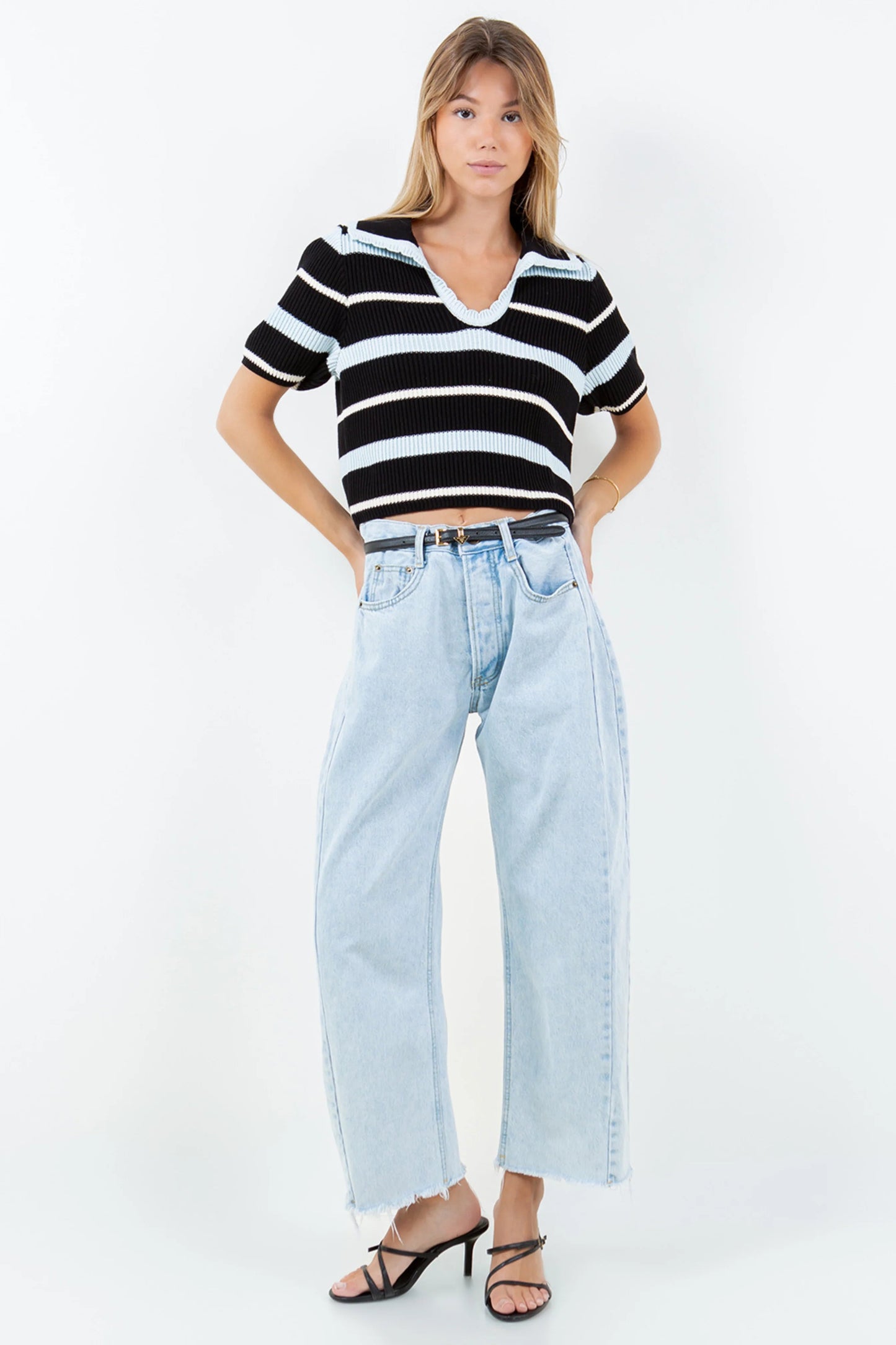 Ruby & Jenna Women's Cropped Stripe Scallop Collar Sweater