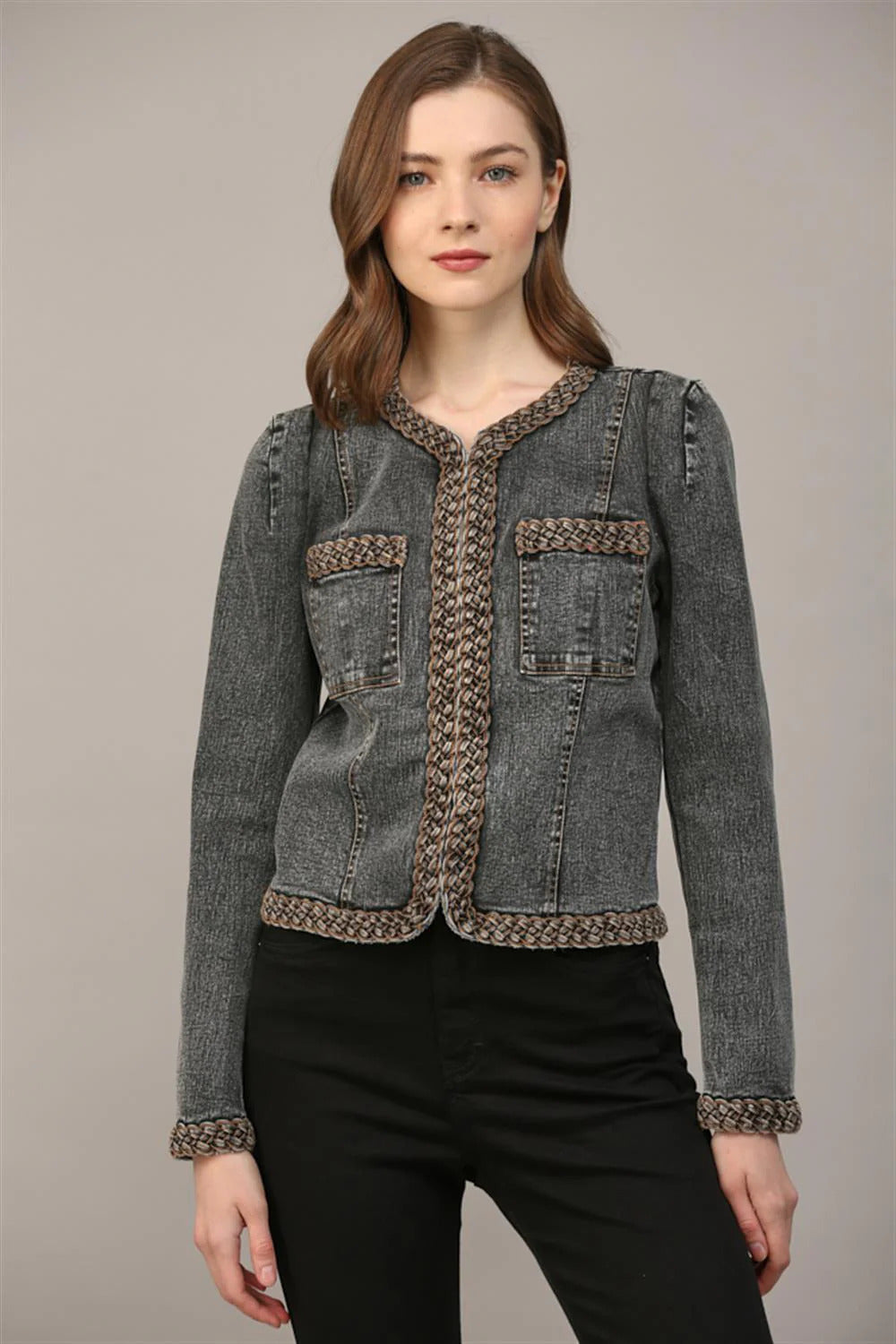 Ruby & Jenna Women's Braided Trim Jean Jacket
