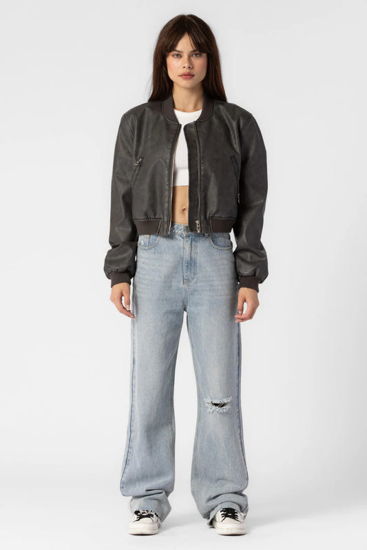 Ruby & Jenna Women's Faded Faux Leather Cropped Bomber