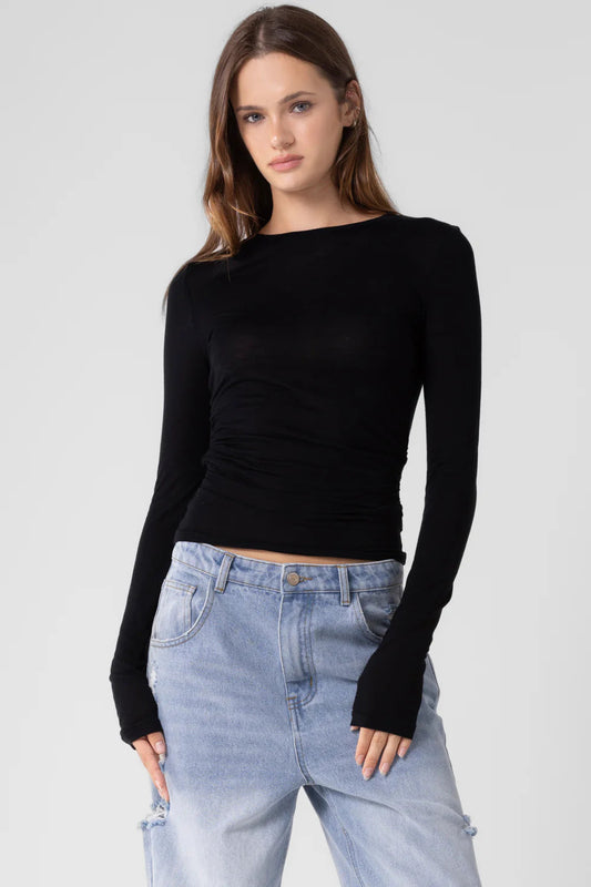 Ruby & Jenna Women's Shirred Basic Long Sleeve