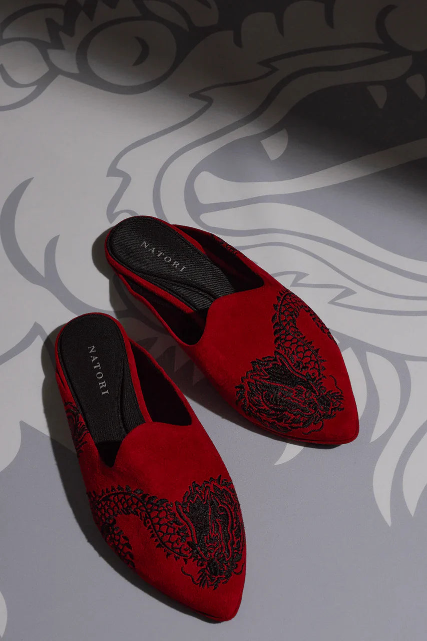 Natori Image Suede Dragon Embroidery Slide - Brocade Red Suede