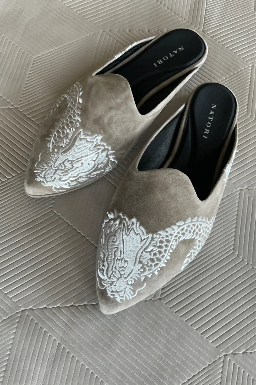 Natori Image Suede Dragon Embroidery Slide - Sandstone Suede
