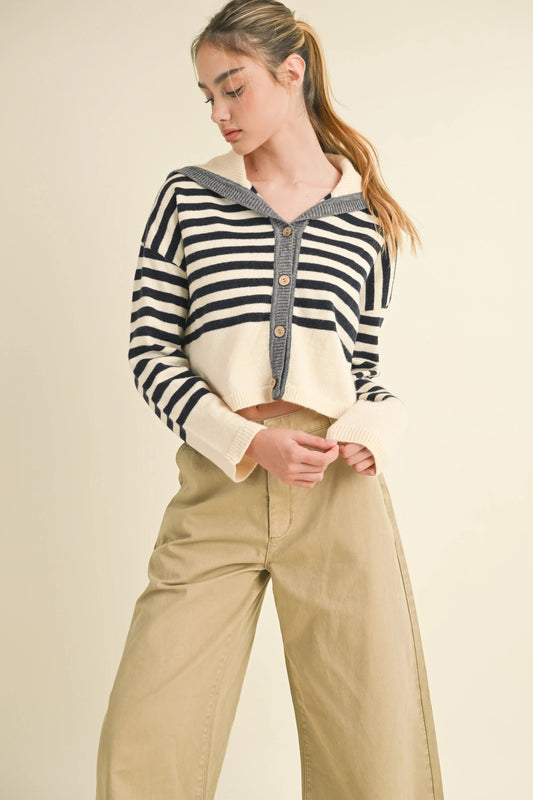 Ruby & Jenna Women's Stripe Collar Sweater Cardigan