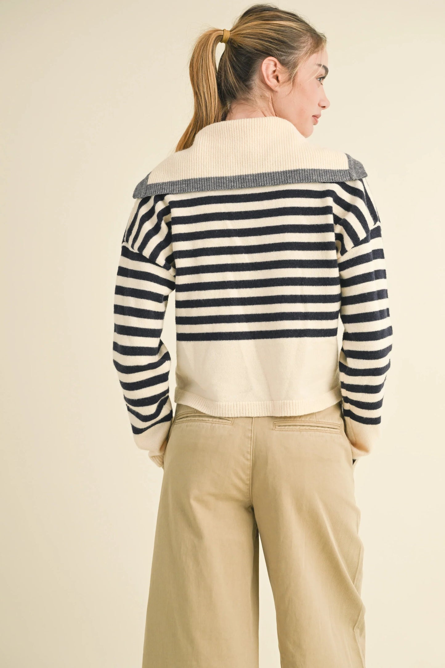 Ruby & Jenna Women's Stripe Collar Sweater Cardigan