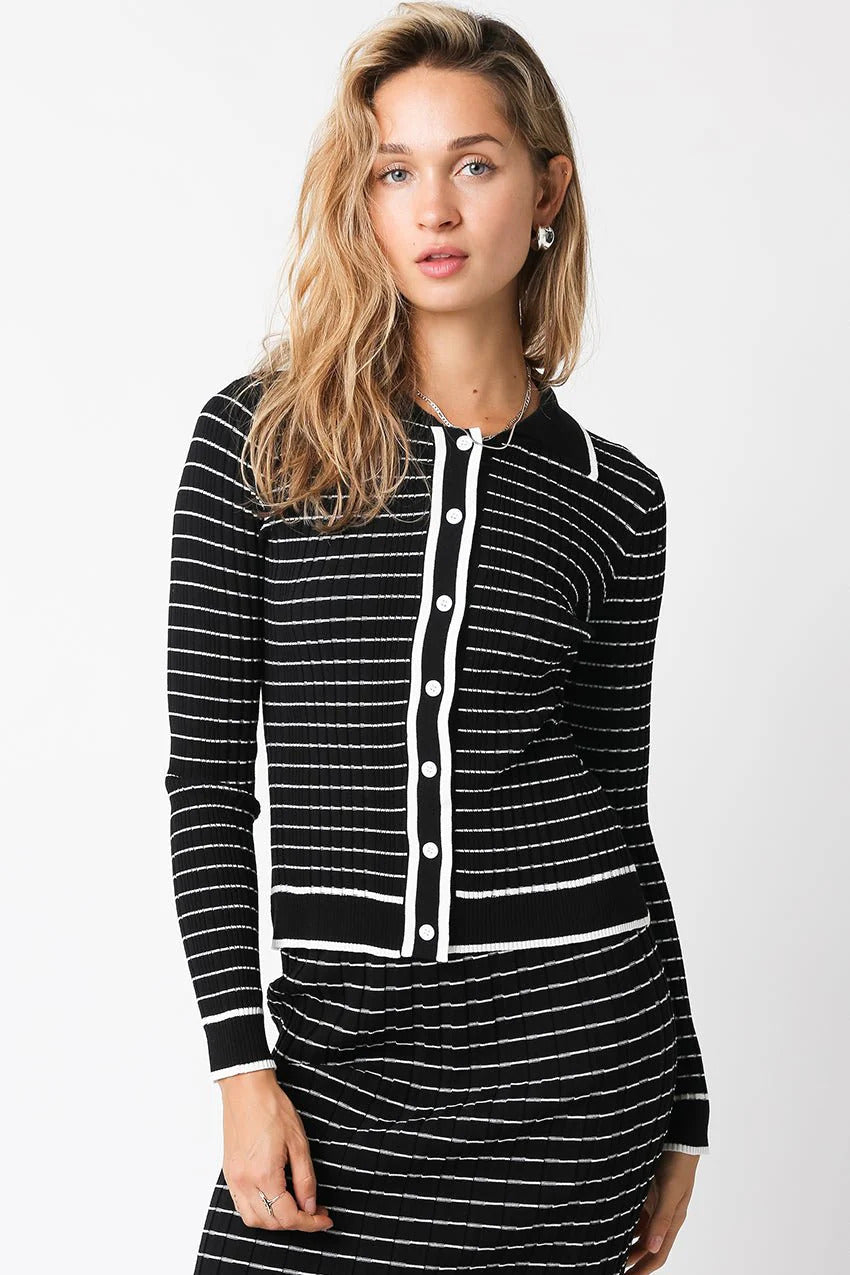 Ruby & Jenna Women's Stripe Collared Cardigan