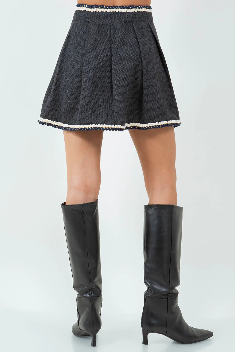 Ruby & Jenna Women's Braided Trim Tweed Pleated Mini Skirt