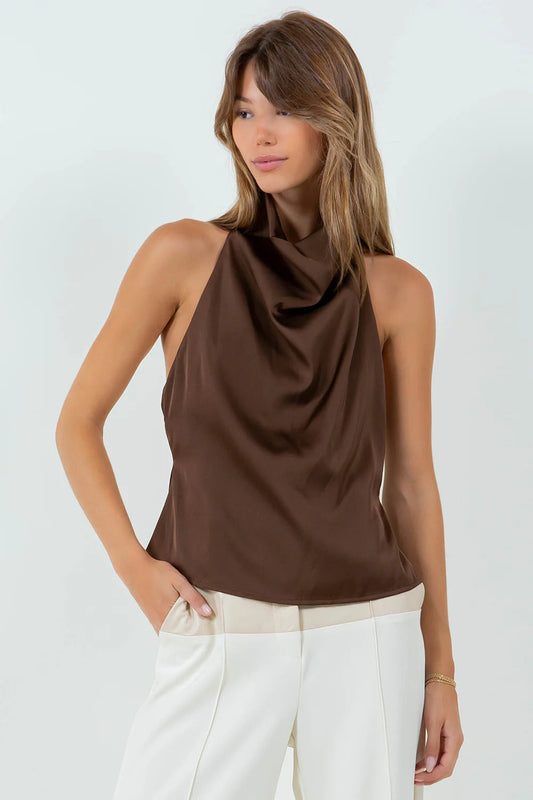 Ruby & Jenna Women's Cowl Satin Tank With Bow