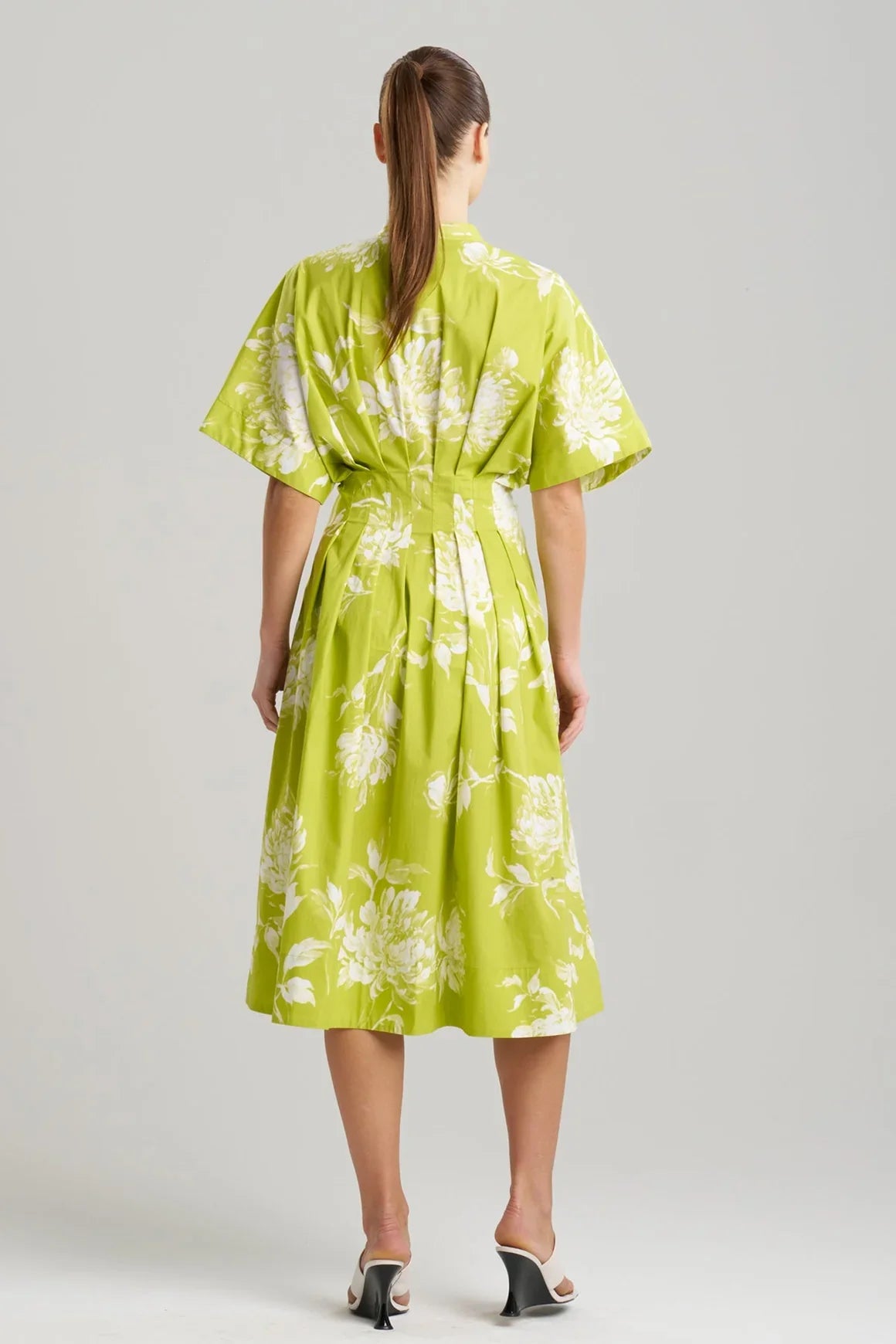 NATORI Miyako Printed Cotton Poplin Pleat Button Down Dress