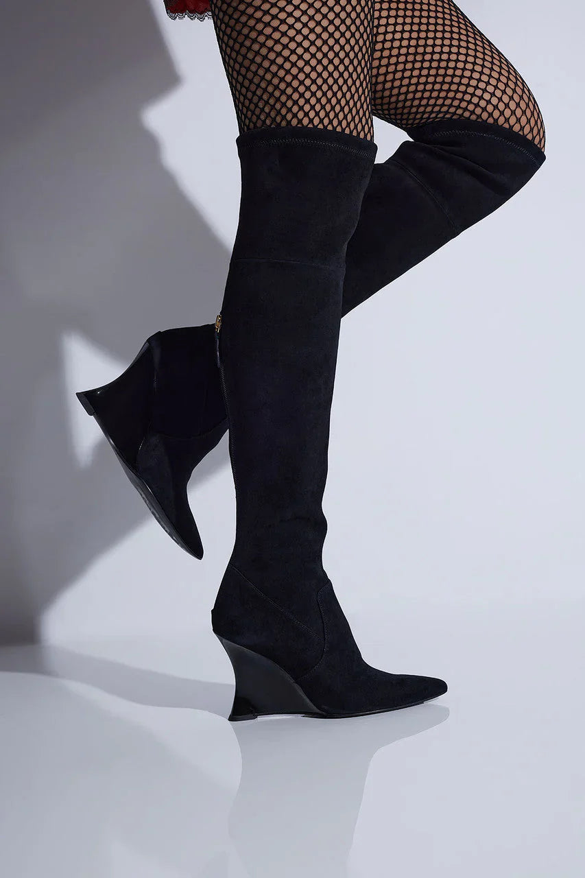Natori Natsu Stretch Suede Over the Knee Wedge Boot - Black