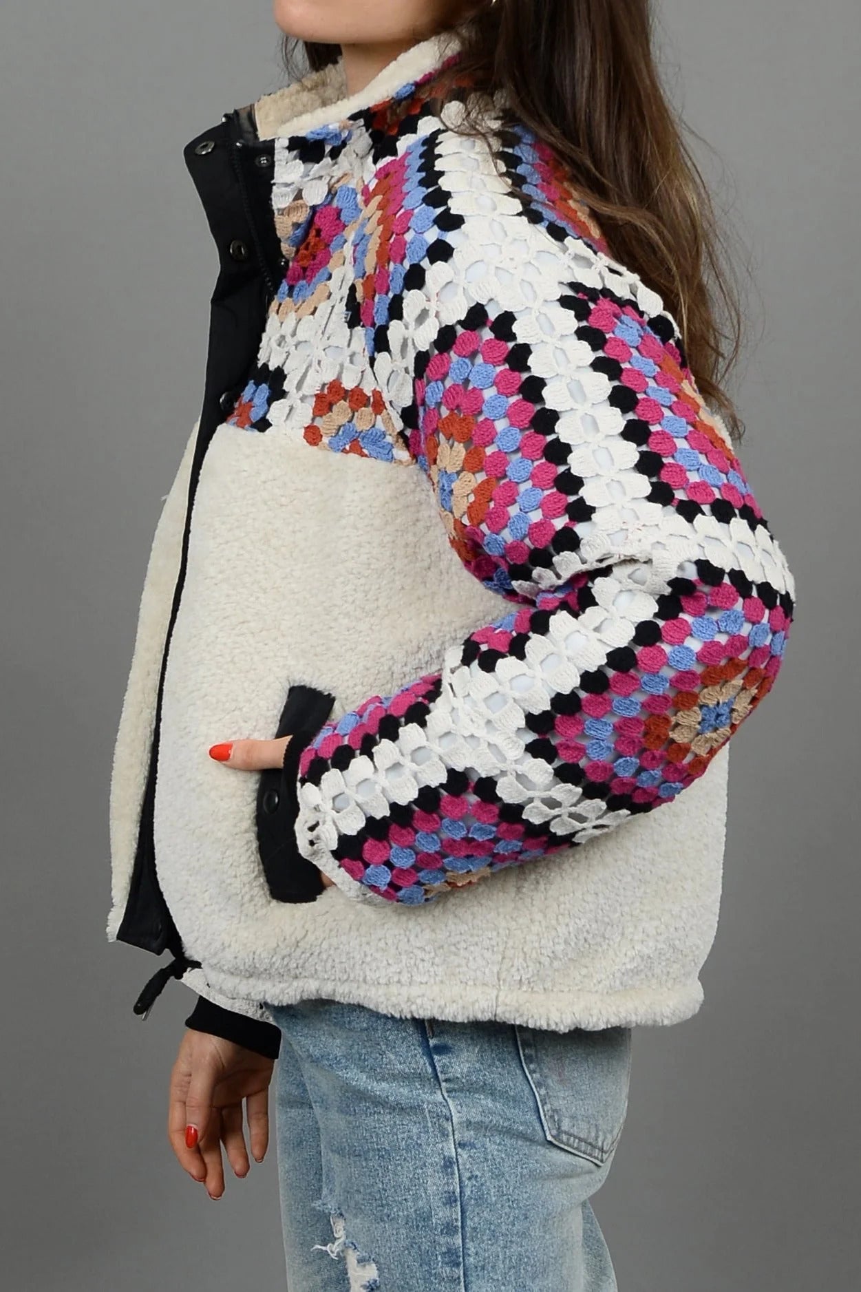 Ruby & Jenna Women's Crochet Sherpa Quilted Jacket