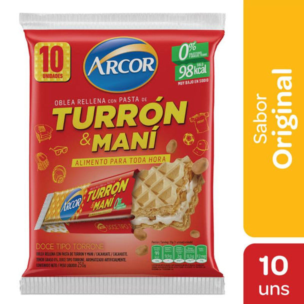 Pampa Direct Turrón & Maní Arcor 10-Piece Bar Pack with Hard Peanut Cream and Biscuit, 25 g / 0.81 oz (10 units)