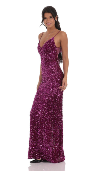 Lucy in the Sky Velvet Sequin Back Bow Maxi Dress in Plum