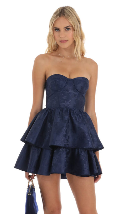 Lucy in the Sky Jacquard Corset Mini Dress in Navy
