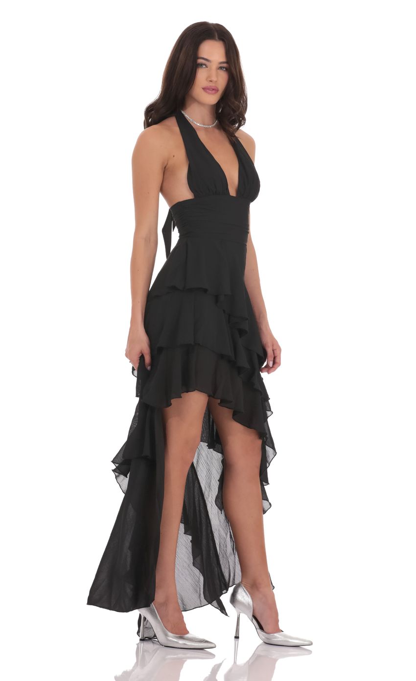 Lucy In The Sky Asymmetrical Ruffle Maxi Dress in Black