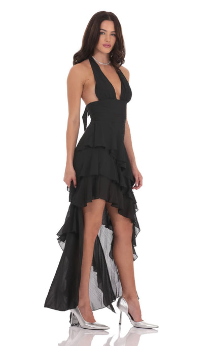 Lucy In The Sky Asymmetrical Ruffle Maxi Dress in Black