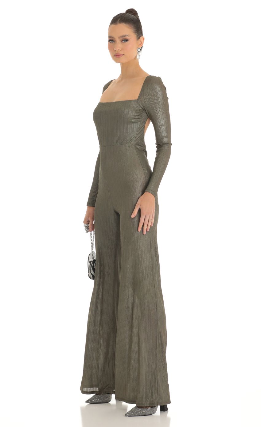 Lucy In The Sky Shimmer Open Back Long Sleeve Jumpsuit in Olive