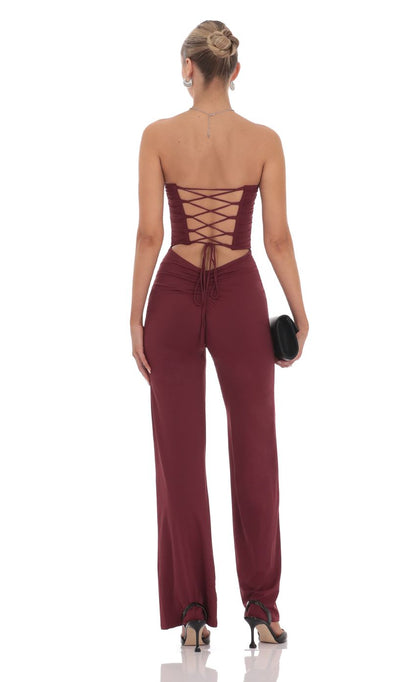 Lucy In The Sky Strapless Pointed Corset Jumpsuit in Burgundy