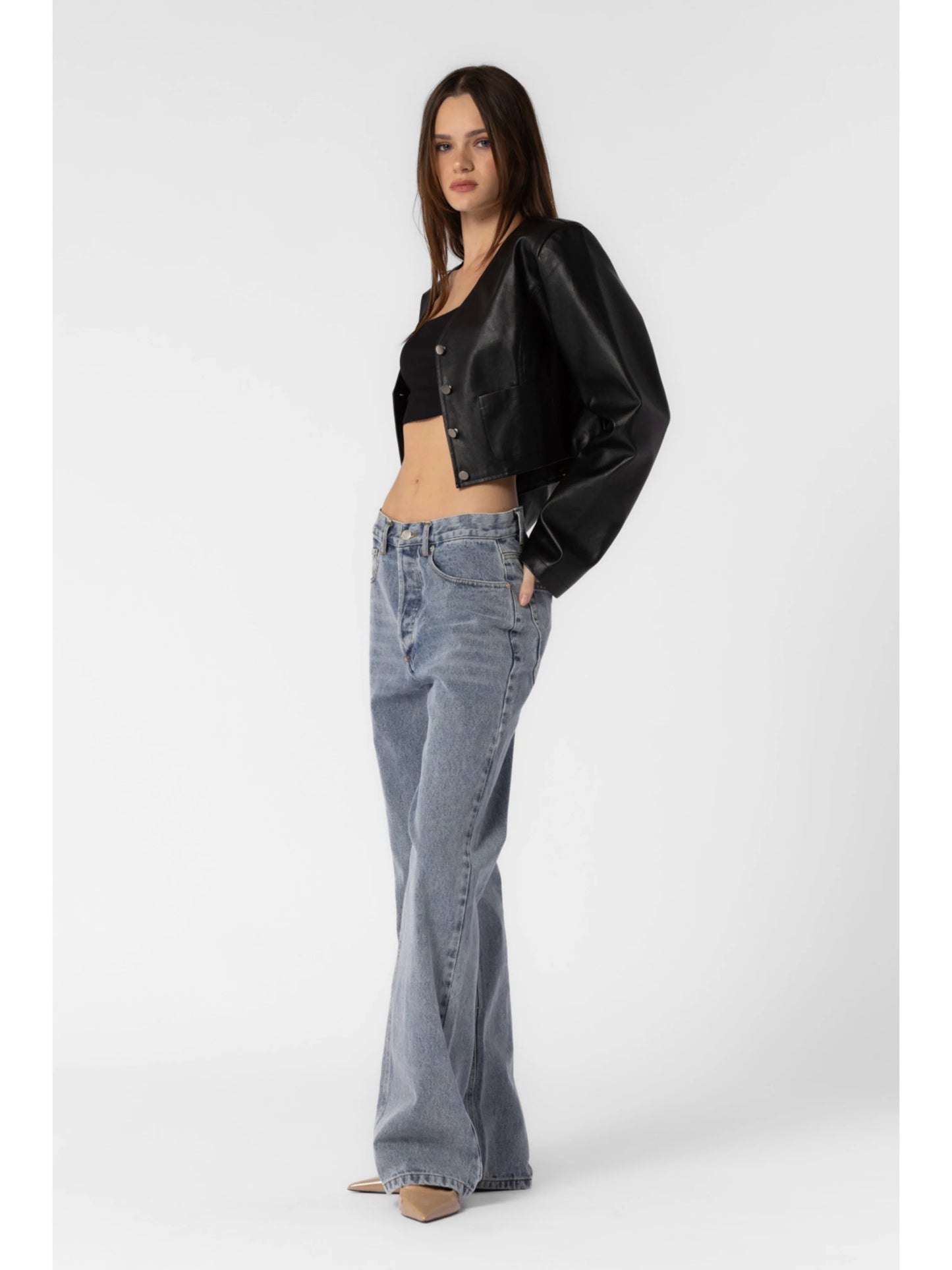 Ruby & Jenna Women's Faux Leather Buttondown Jacket