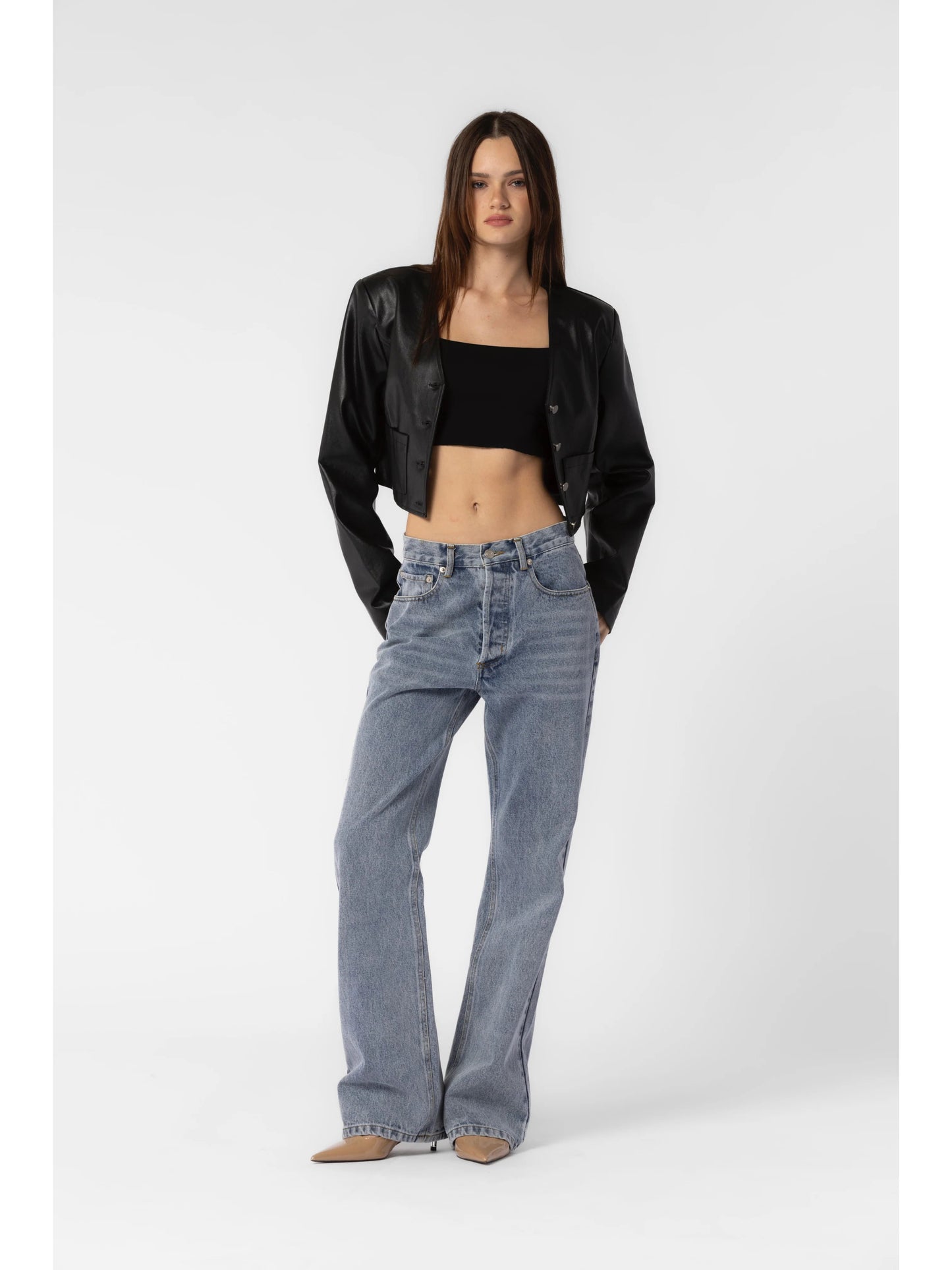 Ruby & Jenna Women's Faux Leather Buttondown Jacket