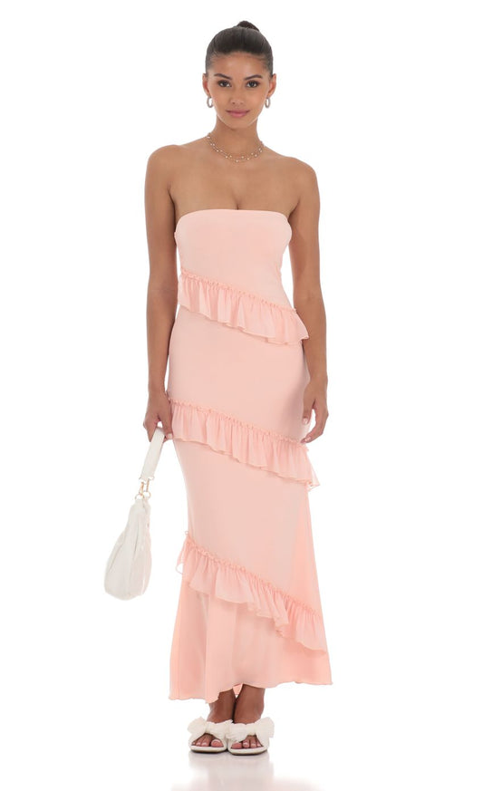 Lucy In The Sky Strapless Spiral Ruffle Maxi Dress in Peach