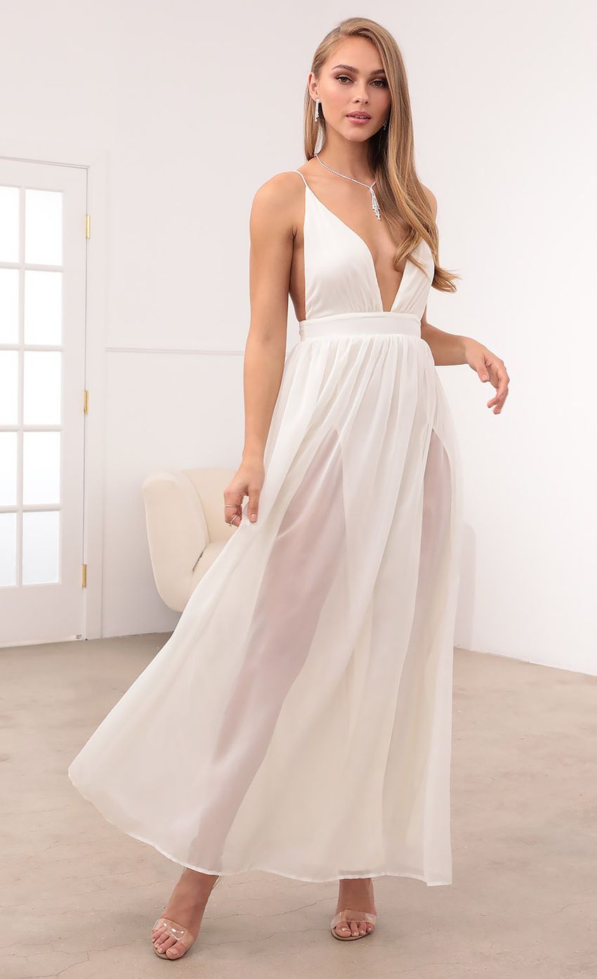 Lucy In The Sky Ivory Chiffon Slit Maxi Dress