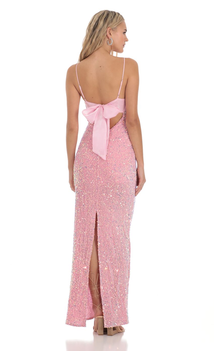 Lucy in the Sky Velvet Sequin Back Bow Maxi Dress in Pink
