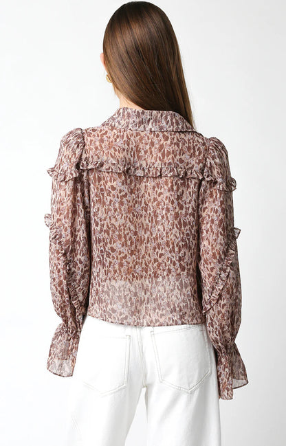 Ruby & Jenna Women's Leopard Rufflle Button Up