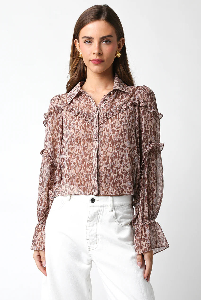 Ruby & Jenna Women's Leopard Rufflle Button Up