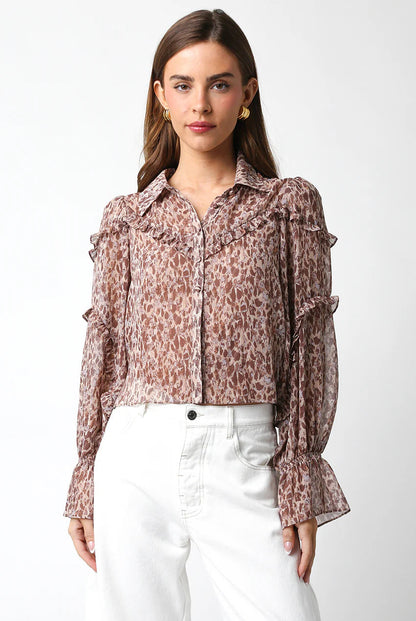 Ruby & Jenna Women's Leopard Rufflle Button Up