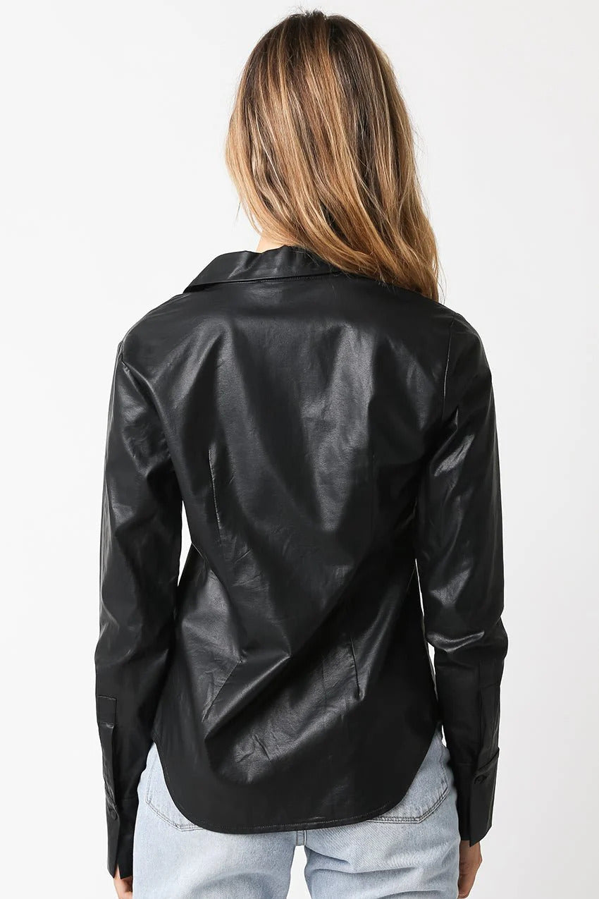 Ruby & Jenna Women's Vegan Leather Button Down Top