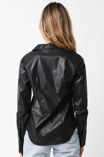 Ruby & Jenna Women's Vegan Leather Button Down Top