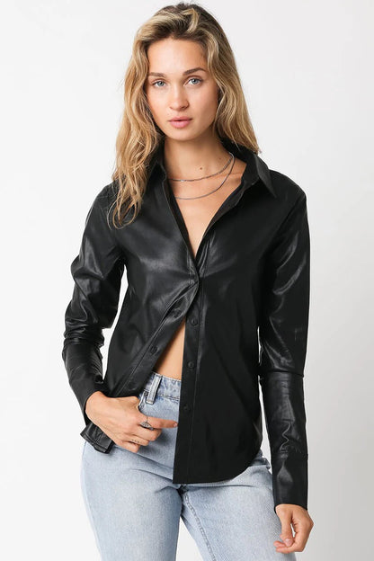 Ruby & Jenna Women's Vegan Leather Button Down Top