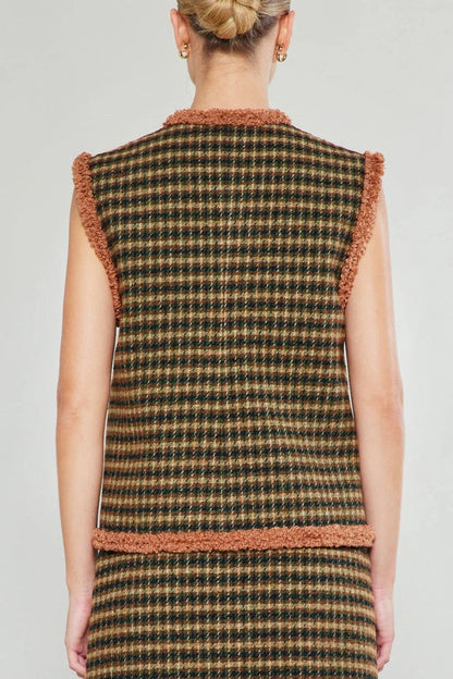 Ruby & Jenna Women's Houndstooth Vest With Fur Tim