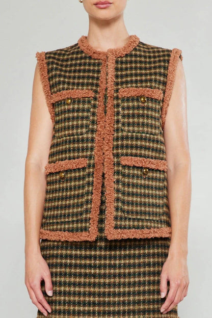 Ruby & Jenna Women's Houndstooth Vest With Fur Tim