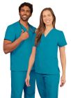 Adar Unisex V-Neck 2 Pocket Top - Teal Blue - White