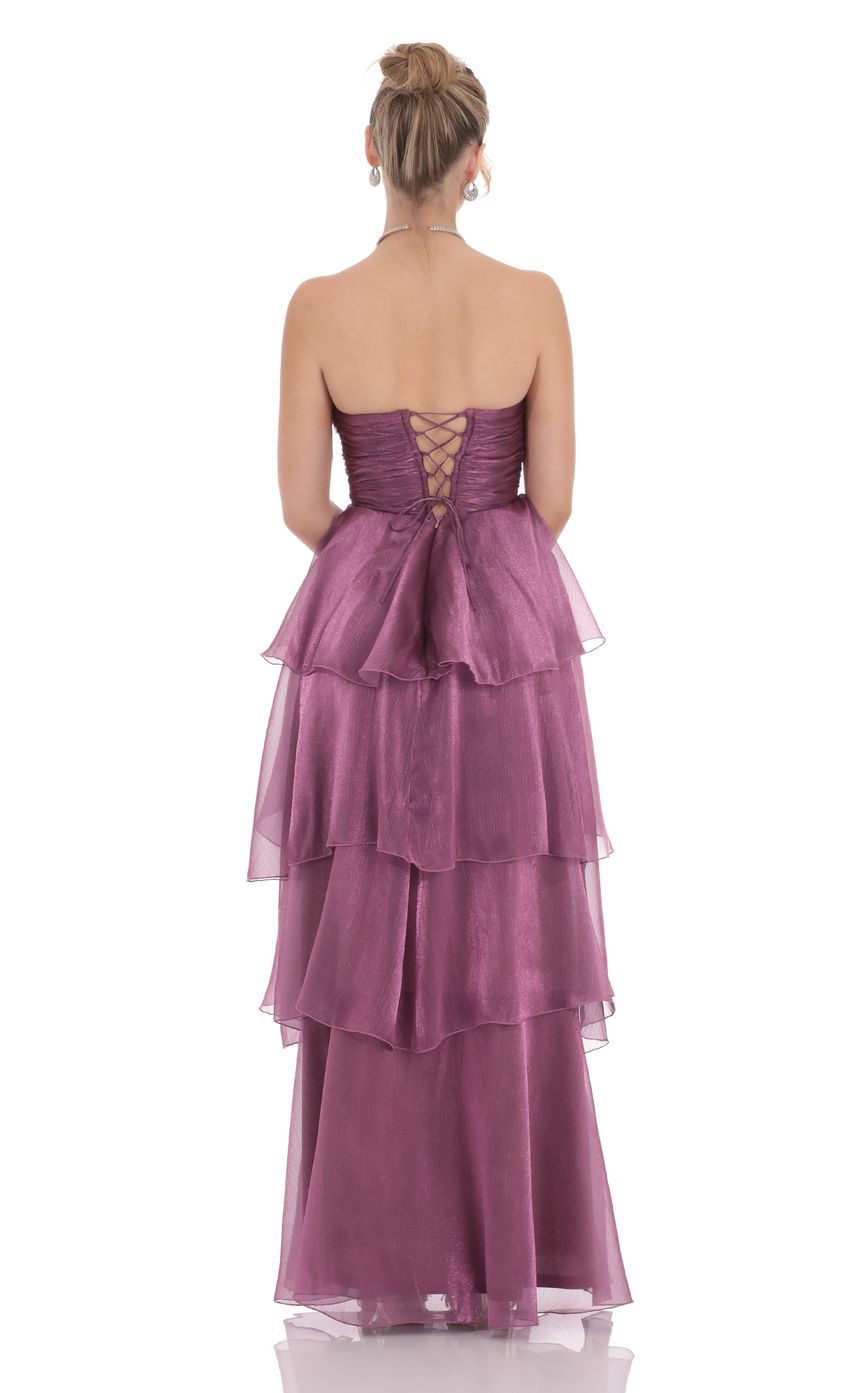 Lucy in the Sky Corset Petal Ruffle Strapless Maxi Dress in Purple