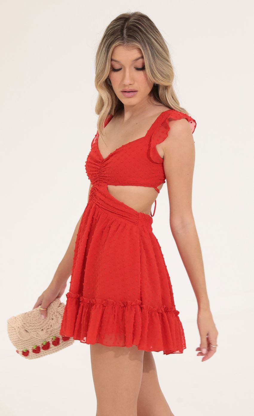 Lucy in the Sky Dotted Chiffon Ruffle Dress in Red