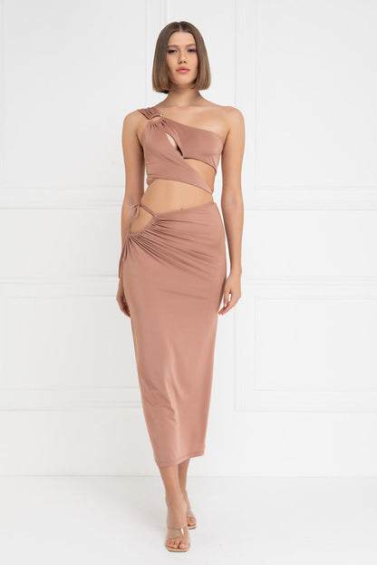 Kikiriki Women's Caramel One-Shoulder Crop Top & Skirt Set