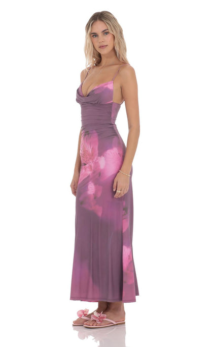 Lucy In The Sky Floral Ruched Cowl Neck Maxi Dress in Purple