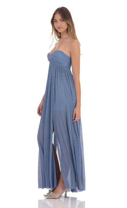 Lucy In The Sky Pleated Shimmer Twist Maxi Dress in Blue
