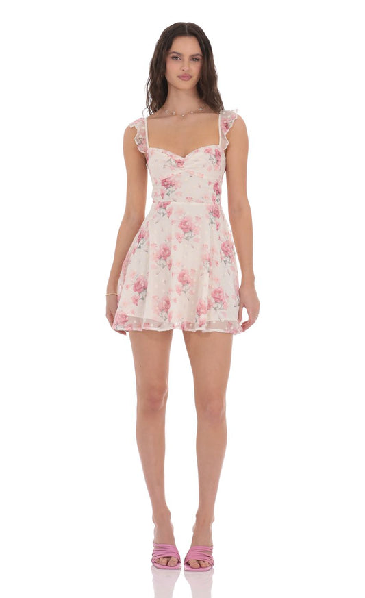 Lucy in the Sky Floral Ruffle Strap A-Line Dress in White