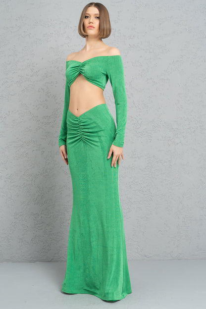 Kikiriki Women's Kelly Green Ruched-Front Crop Top & Skirt Set