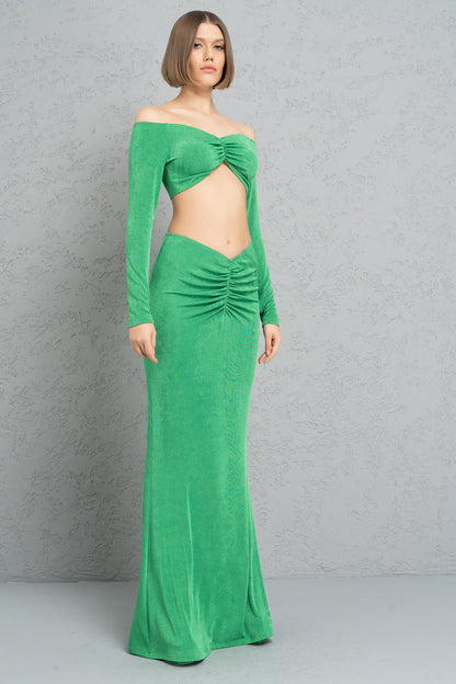 Kikiriki Women's Kelly Green Ruched-Front Crop Top & Skirt Set